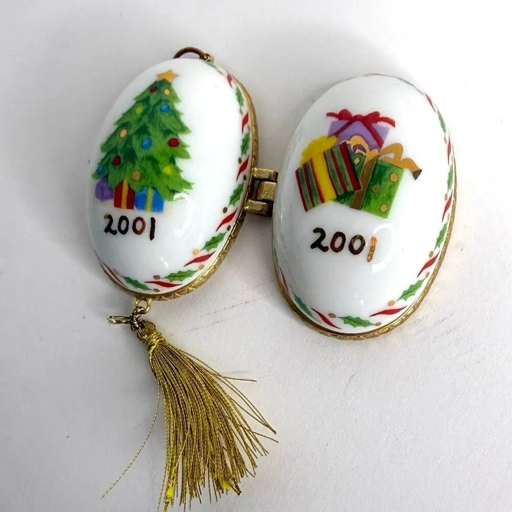 Vintage PHB Porcelain Christmas Egg Trinket Box 2001 Hinged Ornament with Stand